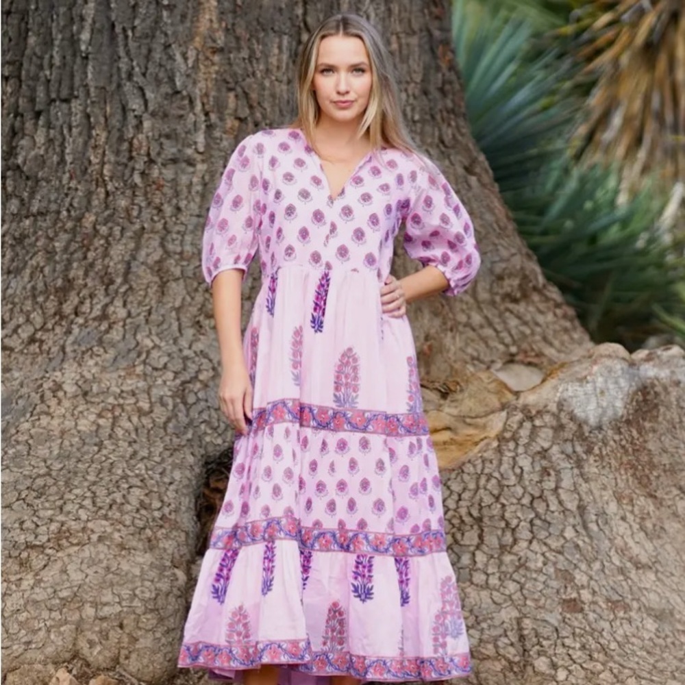 Dolma Remi block print Pink Patterned Maxi Dress NWT